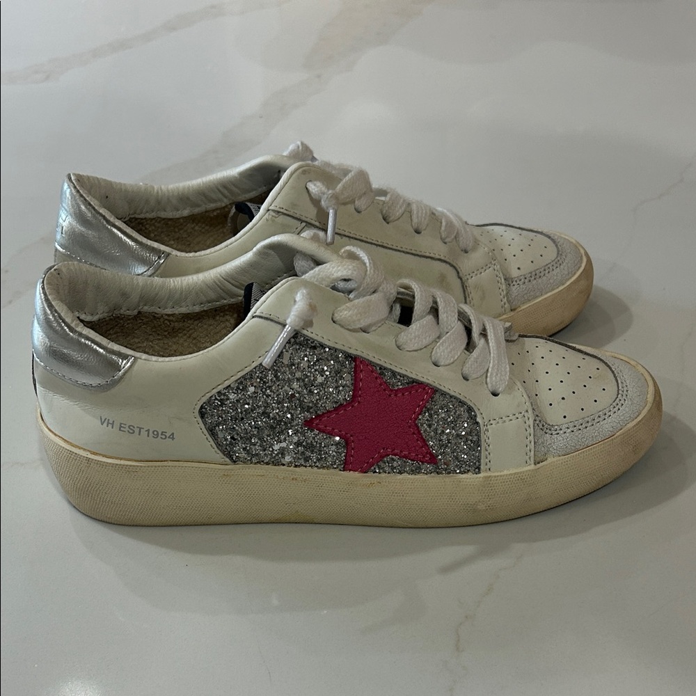 Vintage Havana White Leather Sneakers with Pink Star and Silver Glitter